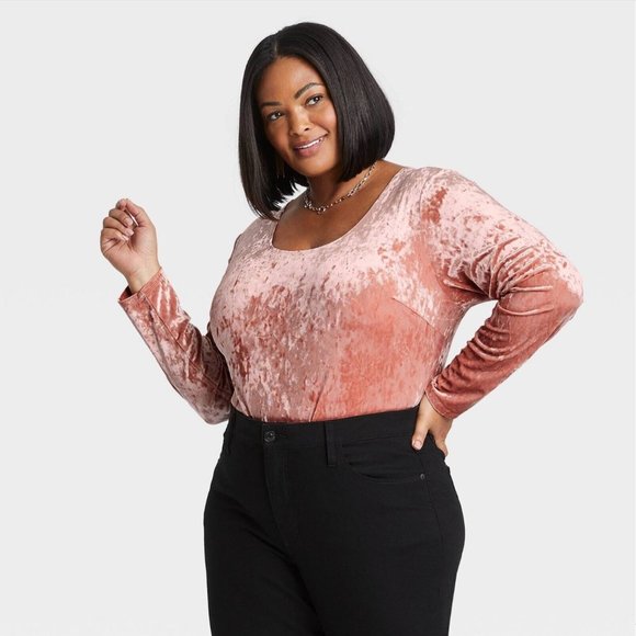 NWT Ava & Viv [ Plus Size 1X ] Long Sleeve Velvet Bodysuit‎ in Pink Peach - Picture 12 of 12